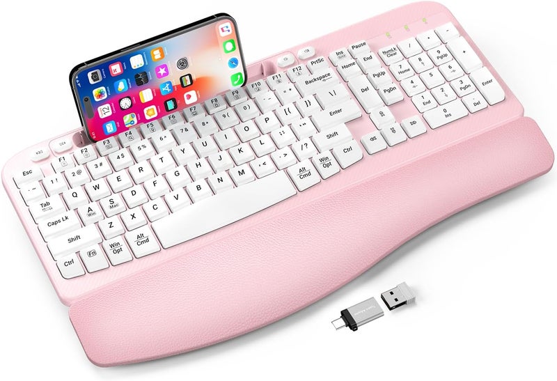 EAYBLLY Ergonomic Wireless Keyboard with Cushioned Wrist Rest, Wave Keys, Phone Holder, Comfortable Natural Typing, 2.4GHz Full Size Cordless USB Computer Keyboard for Windows, Mac OS, Laptop, PC (Pink) - Image 1